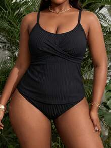 Slaydiva Baju Renang Tankini 2 Potong Kasual Motif Gradien untuk Wanita Ukuran Plus - Hitam - View 3