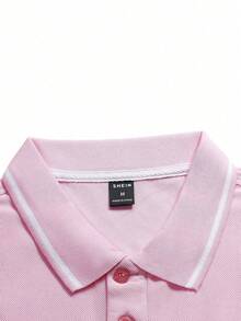 Manfinity Homme 男士大尺碼時尚粉色條紋短袖 Polo 衫，柔軟舒適夏季休閒高爾夫運動上衣，時尚老錢風運動上衣，適合送禮與正式場合 - 粉色 - 查看 7
