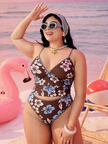 Swim Mod Bộ bikini hai mảnh in họa tiết hình học thời trang thường ngày dành cho nữ cỡ lớn năm 2026, kiểu dáng bikini tam giác cạp cao, dây đeo dày có thể điều chỉnh. - màu nâu - Xem 1