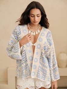 SHEIN Revavyn Cárdigan de punto con patrón geométrico calado, adecuado para usar en la playa y en resorts - Azul y blanco - Ver 6