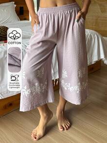 DAZY Bas de pyjama capri à jambes larges avec imprimé rétro pour femmes, convient pour les vacances à la plage - Mauve - Voir 3