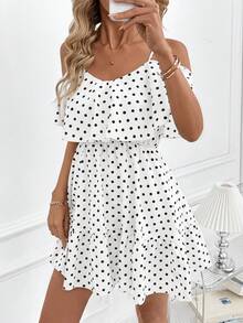 SHEIN Clasi 女士优雅棕色波点印花露肩荷叶边V领A字短裙 - 白色 - 查看 6