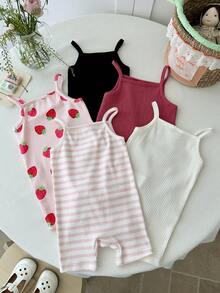 SHEIN Bộ 5 món áo liền quần dệt kim màu trơn kẻ sọc họa tiết dâu tây cho bé gái - Nhiều màu - Xem 2
