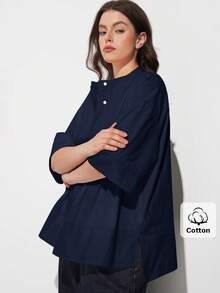 Maija 大码女式舒适亲肤缎面圆领蝙蝠袖短袖宽松衬衫，前短后长，现代都市时尚商务休闲办公装，低调复古高端通勤机场邮轮中东婚礼宾客着装，简约奢华品质百搭休闲系列设计衬衫 - 藏蓝色 - 查看 7