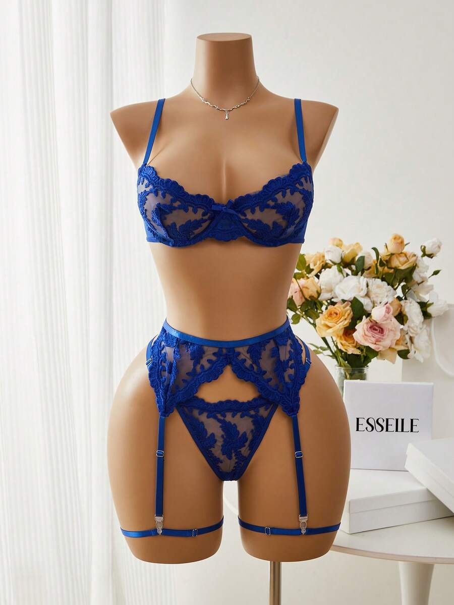SHEIN 5件套女士性感内衣套装,蓝色,适合外出穿着 - 藍色 - 查看 1