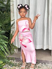 SHEIN Conjunto de top tubo y minifalda con estampado floral para niña, conjunto de vestir casual para vacaciones - Rosa - Ver 5
