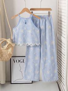 SHEIN Áo croptop không tay dáng rộng thời trang thường ngày cho bé gái, phối cùng quần ống đứng dáng rộng kẻ sọc kiểu boho, trang phục mùa hè cho bé gái. - Màu xanh nhạt - Xem 2