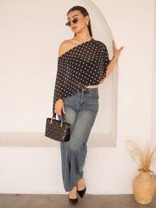 Andrea Bello Black Polka Dot Asymmetric Shoulder Mesh Blouse For Women, Spring/Summer Polkadot Top Women Summer Blouse Top Short Sleeve Top Top Summer Vacation - Black - View 1