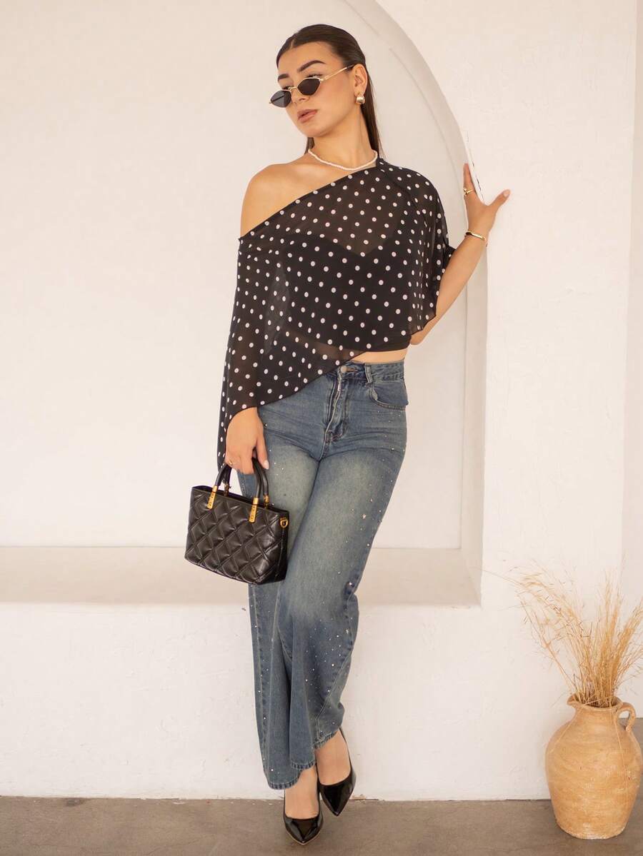Andrea Bello Black Polka Dot Asymmetric Shoulder Mesh Blouse For Women, Spring/Summer Polkadot Top Women Summer Blouse Top Short Sleeve Top Top Summer Vacation - Black - View 1