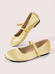 CUCCOO DOLLMOD Zapatos de mujer, amarillo claro, textura de satén, zapatos Mary Jane con lazo, zapatos de ballet, bailarinas cómodas - Amarillo claro - Ver 4