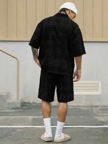 AXEPEAK Conjunto de camisa y pantalones cortos de unicolor y textura para hombre - Negro - Ver 2