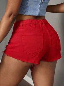 Slaydiva Plus Size Women Distressed Pocket Button Denim Shorts - Red - View 3