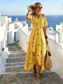 Breezaya Women's Summer French Elegant Breezy Boho Casual Off-Shoulder Asymmetrical Ruffle Waist Slimming Long Yellow Floral Print Vacation Dress Beach - Yellow - View 1