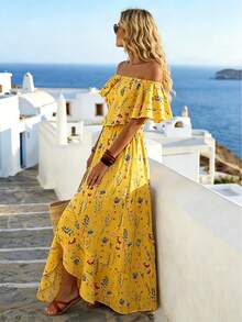 Breezaya Women's Summer French Elegant Breezy Boho Casual Off-Shoulder Asymmetrical Ruffle Waist Slimming Long Yellow Floral Print Vacation Dress Beach - Yellow - View 3