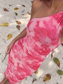 Bonvoyette Women's Holiday Ink-Dyed One Shoulder Ruched Slit Dress Maxi Women Outfit Elegant Vacation - Hot Pink - View 3