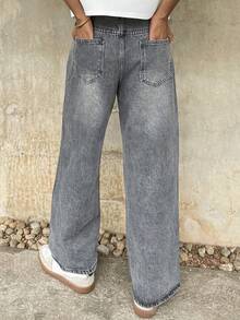 Ngobest Haus Ngobest Haus Quần jeans nam màu đen dáng rộng ống rộng, kiểu dáng thường ngày. - Màu Xám nhạt - Xem 2
