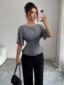 Blusa de manga corta con cintura ceñida, 100% algodón marrón con ribete negro para mujer - Gris - Ver 5