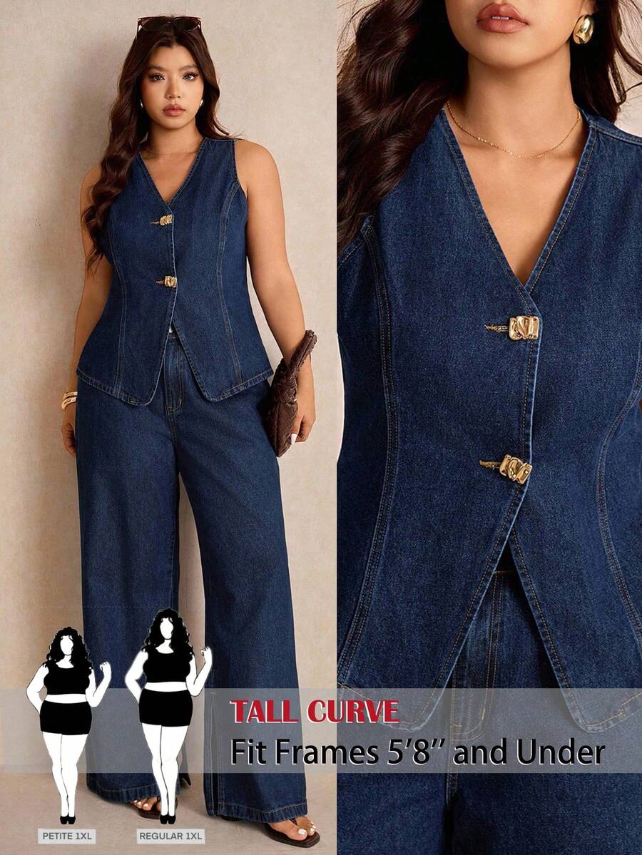 SHEIN Tall CURVE Conjunto de chaleco vaquero y pantalón de pierna ancha talla grande, conjunto de ropa casual, elegante, de negocios y de uso diario para mujeres de talla grande, blusa de solapa única y jeans de pierna ancha, conjunto casual de 2 piezas, verano - Azul - Ver 1