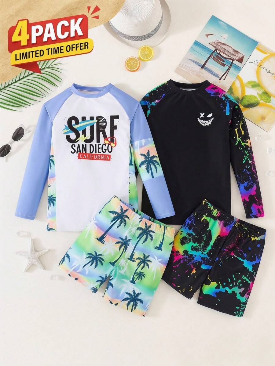 SHEIN Tween Boy Casual Fitted Video Game Glow-In-The-Dark Pattern Tankini 2 Pieces Swimsuit, Suitable For Spring/Summer, Beach Vacation
