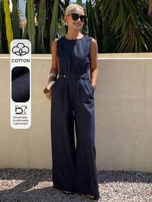 Livesso Pantalones rectos con cinturón decorativo, de estilo vintage lavado azul, para festival de música, vacaciones y uso casual. Monos de calle para mujer, para primavera y verano. - Azul lavado oscuro - Ver 1