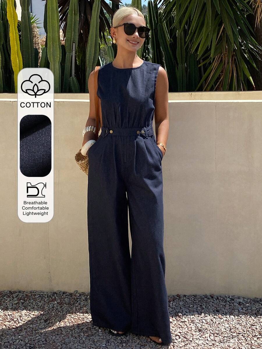 Livesso Pantalones rectos con cinturón decorativo, de estilo vintage lavado azul, para festival de música, vacaciones y uso casual. Monos de calle para mujer, para primavera y verano. - Azul lavado oscuro - Ver 1