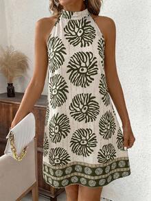 SHEIN Clasi Vestido mini elegante de halter para vacaciones de mujer, primavera/verano - Verde Oliva - Ver 1