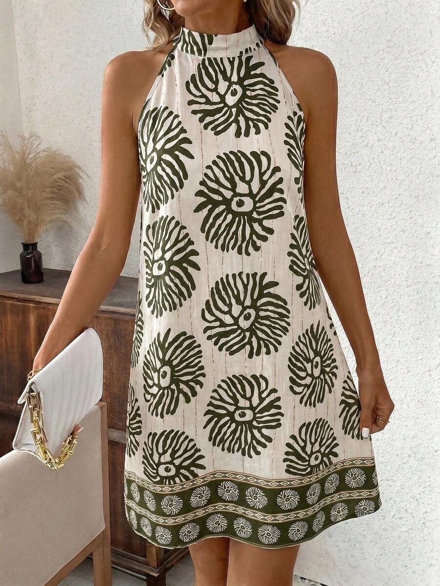 SHEIN Clasi Vestido mini elegante de halter para vacaciones de mujer, primavera/verano - Verde Oliva - Ver 1