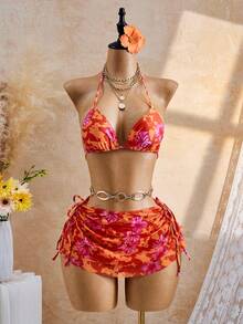 Bellisia 2026SS Tropischer Blume Muster Neckholder 3-teiliges Badeanzug Set, Urlaubs Strandmode für Frauen - Verschiedenfarbig - Übersicht 5