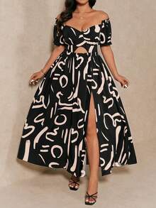 Juhart Vestido elegante de vacaciones de verano con estampado abstracto negro y albaricoque, hombros descubiertos, cruzado, calado y abertura alta para tallas grandes - Blanco y Negro - Ver 3