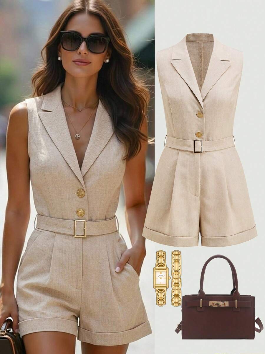 Ellevyn Notched Collar Cinched Waist Sleeveless Jumpsuit, Suitable For Commuting And Outings - Apricot - View 1
