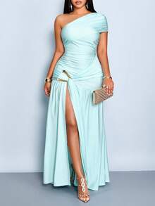 SOLERSUN Große Größen Damen Frühling/Sommer Kleid elegant und charmant, perfekt für Urlaub, Partys und Veranstaltungen. Hellaqua-Grün, glänzendes Strickgewebe, ärmelloses Carmen-Ausschnitt-Design, geraffter Hüftbereich, verziert mit fließender Schleife und Metallschnalle, Schlitz vorne, Maxikleid - Grün - Übersicht 2