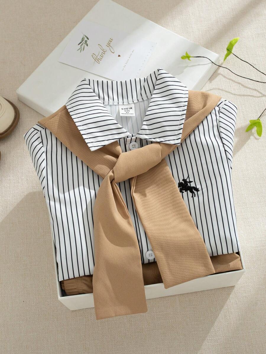 SHEIN 3件組：紳士風條紋刺繡襯衫 + 披肩 + 短褲，適合小男孩