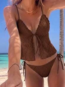SHEIN MOD Women's Solid Color Swimwear Set For Vacation & Beach - Brown - View 3