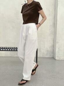 Dazy-Less Solid Crew Neck Crop Tee Old Money Style Summer Business Casual Woman Work Clothes - Chocolate Brown - View 3
