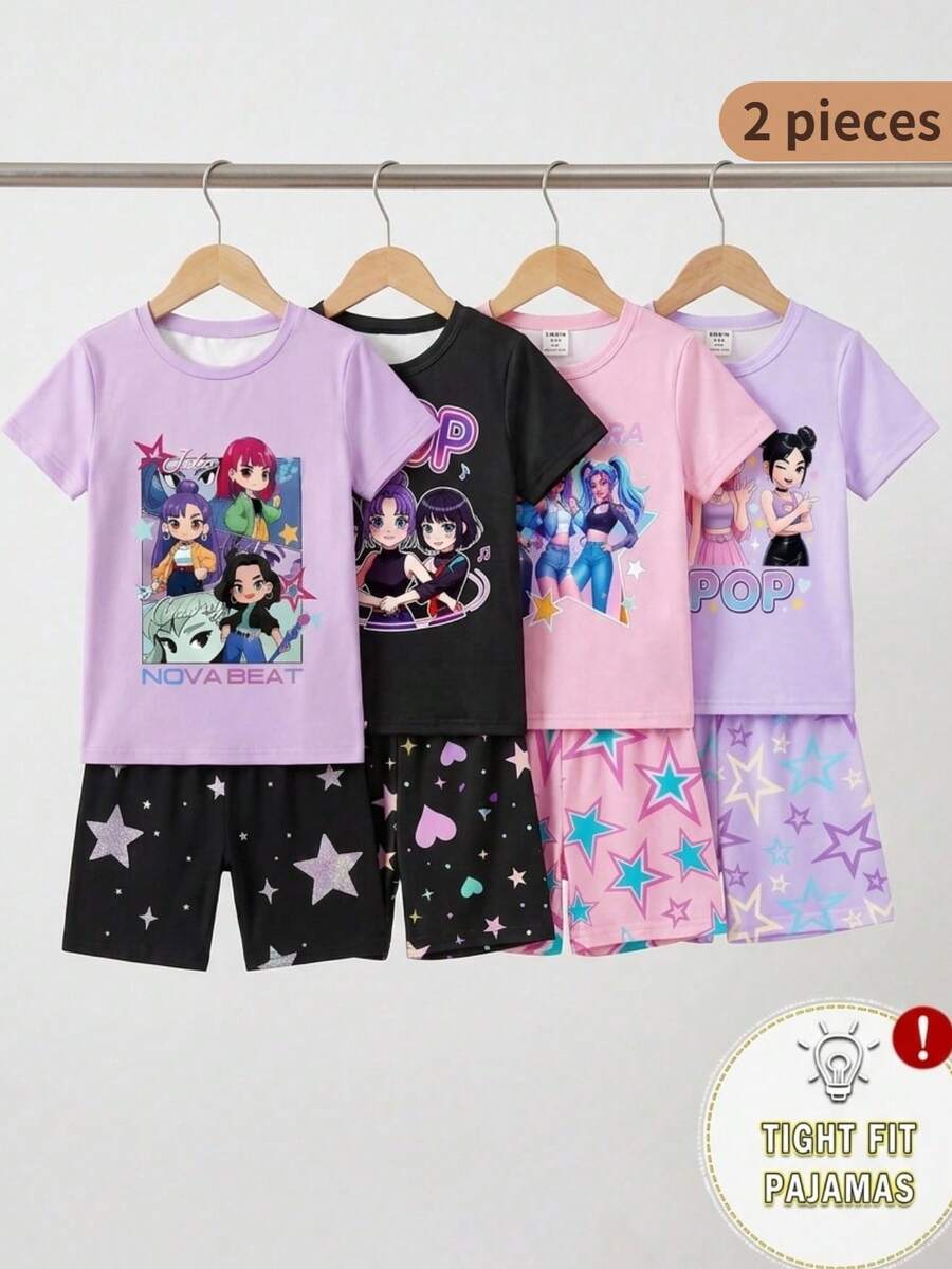 2 piezas Conjunto de pijama de pantalón corto y blusa de manga corta con estampado de dibujos animados para niñas, ajuste ceñido, cuello redondo, cintura elástica, ropa casual para verano - Multicolor - Ver 1