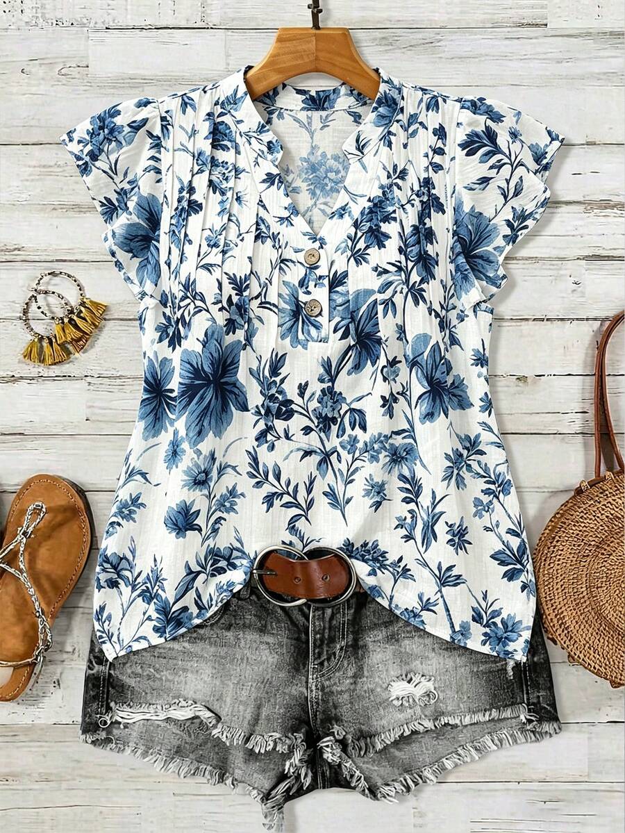 Linhara Plus Size Women Casual Printed Slimming Blouse - Blue - View 1