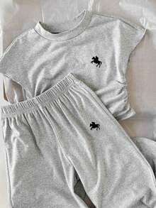 SHEIN Bộ đồ thường ngày gồm áo thun và quần short cho bé gái. - Xám - Xem 4