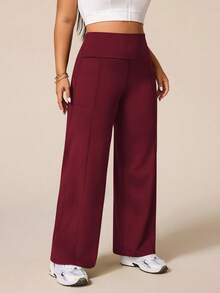 SHEIN Rhythm Era Plus Size Women High Waist Loose Solid Color Sports Leggings - Burgundy - View 5