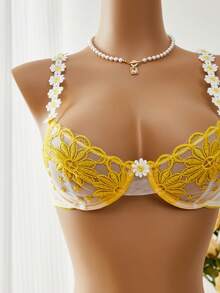 Esselle 2件組刺繡蕾絲飾邊女款內衣套裝，時尚優雅 - 黃色 - 查看 3