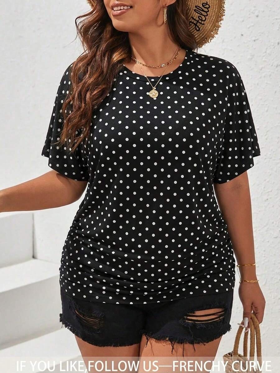 SHEIN Frenchy Áo thun nữ cỡ lớn cổ tròn màu đen họa tiết chấm bi, kiểu dáng thường ngày, áo đen, áo thun mùa hè, trang phục mùa hè, quần áo mùa hè - Đen và trắng - Xem 1