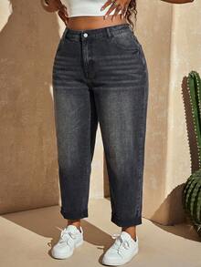 Slaydiva Plus Size Women High Waist Pocketed Tapered Casual Jeans - Black - View 8