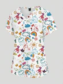 PopScrub Áo đồng phục y tế in họa tiết graffiti dành cho nữ - Nhiều màu - Xem 5