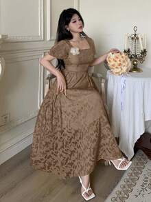 Modelyn Gaun Wanita Model Mengembang dengan Potongan Pinggang dan Dekorasi Bunga 3D - Coffee Brown - View 4