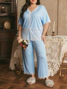 Côtesoire Southern France Elegant Contrast Color Lace Plus Size Pajama Knit Set - Baby Blue - View 5
