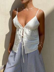 Livesso Áo cardigan dáng ngắn không tay, kiểu dáng thường ngày, họa tiết chấm bi trắng, dây mảnh, thắt nơ, phong cách boho, thích hợp cho mùa xuân và hè, dành cho nữ. - trắng - Xem 7