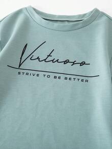 SHEIN 2件組少女休閒綠色夏季標語印花落肩T恤與長褲，母女套裝運動休閒服 - 綠色 - 查看 10