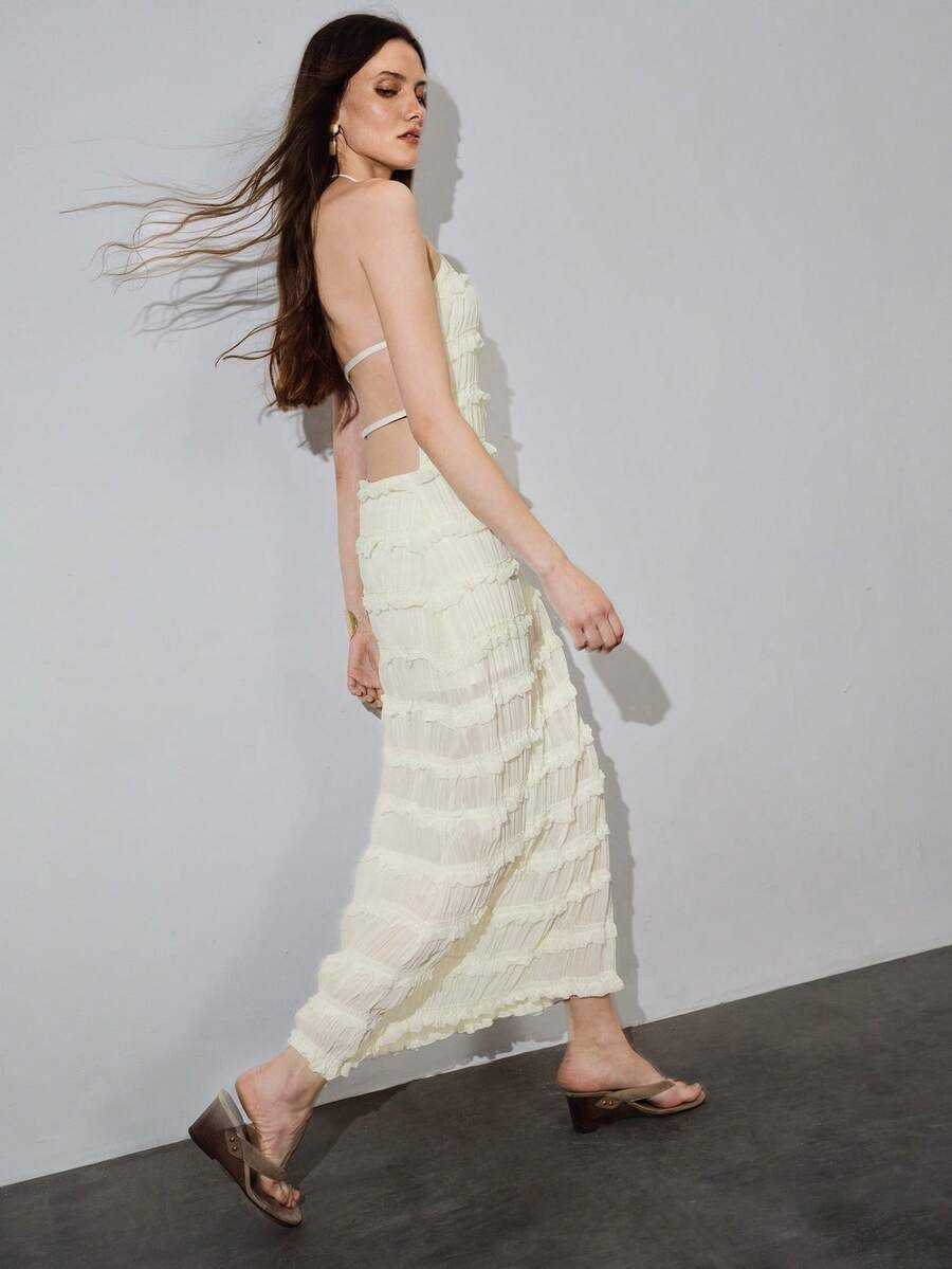 MOTF PREMIUM VESTIDO AJUSTADO CON ESPALDA DESCUBIERTA Y CINTURA FRUNCIDA, PRIMAVERA/VERANO - Albaricoque - Ver 1