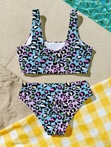 Lavender Summer Cute Beach Holiday Tween Girls Colorful Ombre Leopard Print Cami Top & Triangle Bikini Set, 2 Pieces Cheetah Bathing Suit Swimwear - Multicolor - View 2
