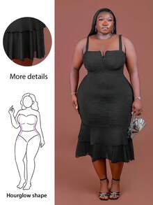 CurvyTilda Vestido midi ajustado con cuello en V, volantes y pliegues para mujer de talla grande, vestido de fiesta para vacaciones - Negro - Ver 1