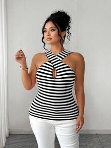 Elenzga Regata Elegante de Malha Texturizada com Gola Transpassada, Cintura Marcada, Listrada em Vermelho e Branco, Plus Size, Ideal para Primavera/Verão, Volta às Aulas, Férias, Formatura, Feriados, Dia dos Namorados, Natal, Festivais de Música, Dia das Mães, Halloween, Ação de Graças, Páscoa, Dia Nacional, Danças, Aniversários, Encontros, Festas, Casamentos, Atividades ao Ar Livre - Preto e Branco - Visão 6